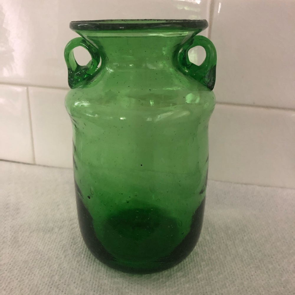 Hand Blown Green Two Handle Glass Vase - Made in Egypt